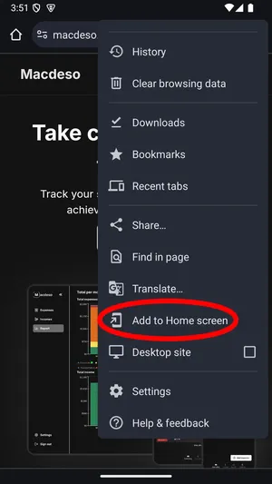 highlight Add to Home screen option