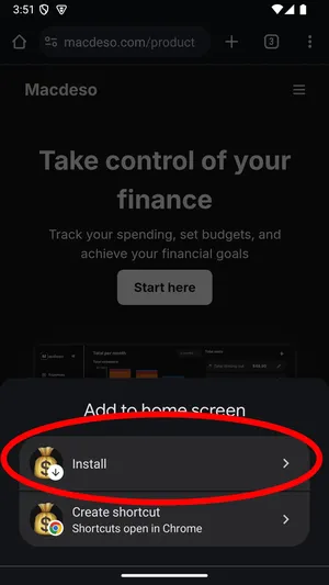 highlights the install option