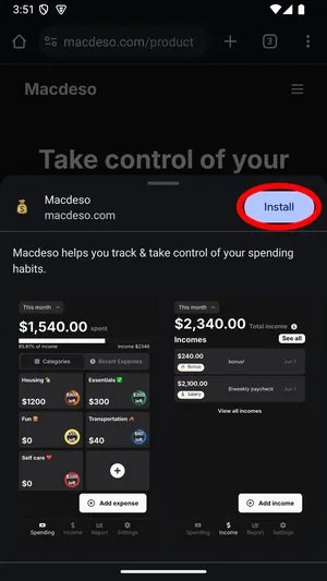 highlights the install button on the app information drawer