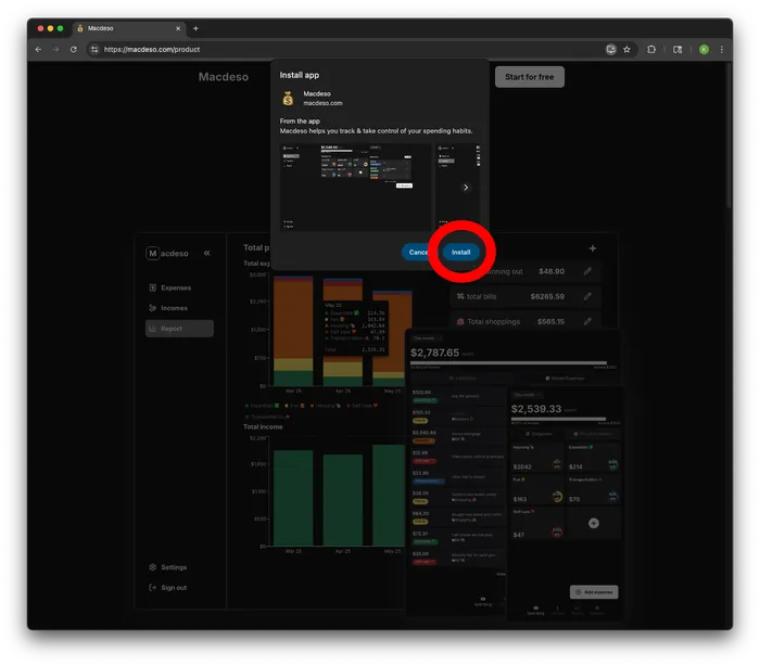 Highlights the install button on the Install app modal