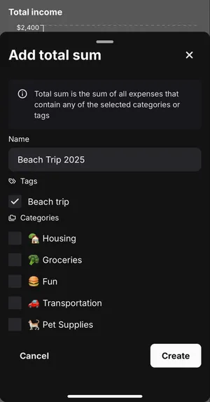 image showing add total sum drawer with "Beach Trip 2025" filled in name input and "Beach trip" selected in tag section