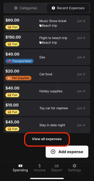Red arrow pointing to "View all expenses" on "Recent Expenses" view.