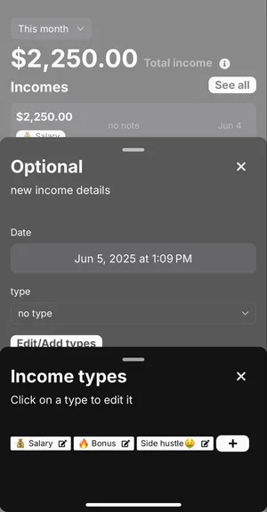 image with newly added Income type on type list