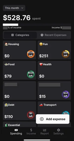 Image of Main page with a variety of different categories with budgets and current spending