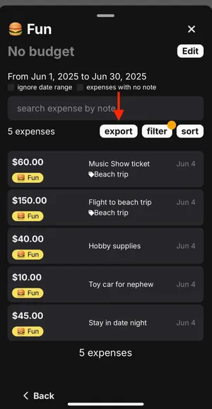 Category view with red arrow pointing to “export” button