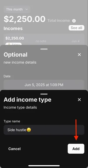 image with arrow pointing to Add button in Add income type modal