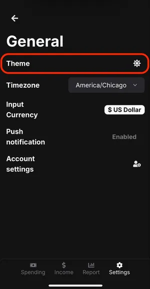 image of "General" page with red box around "Theme" option