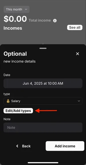 image with arrow pointing to Edit/Add types on Optional step of Add Expense drawer