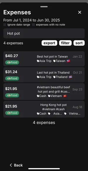 An image of the expense view with “hot pot” in the search bar, showing all expenses that include that keyword.
