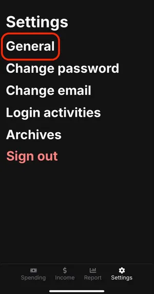 image of "Settings" page with red box around "General" option