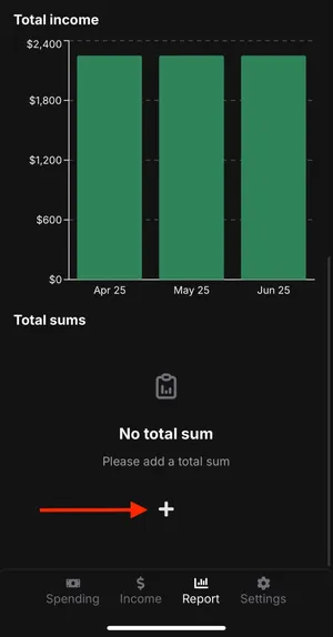 Image of red arrow pointing to Plus icon on Total sums section