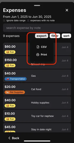 Red box around "CSV" and "Print" options