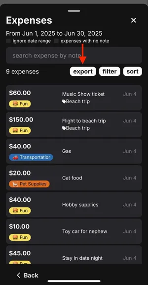 All Expenses view with red arrow pointing to “export” button