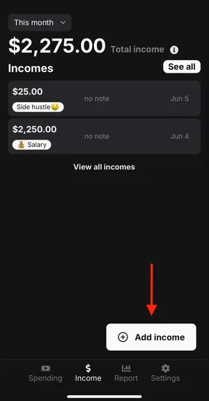 image with red arrow pointing to "Add income" on bottom of Income page.