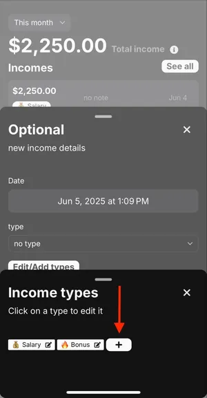 Image with arrow pointing to plus button in Income types drawer
