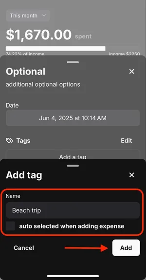 Image of Add Tag drawer with a red box around the Name input and a red arrow pointing to "Add" button