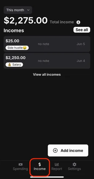 image with red box around "Income" page on navbar