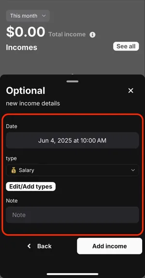 image with red box around "Date", "Type", and "Note" inputs on Optional page drawer